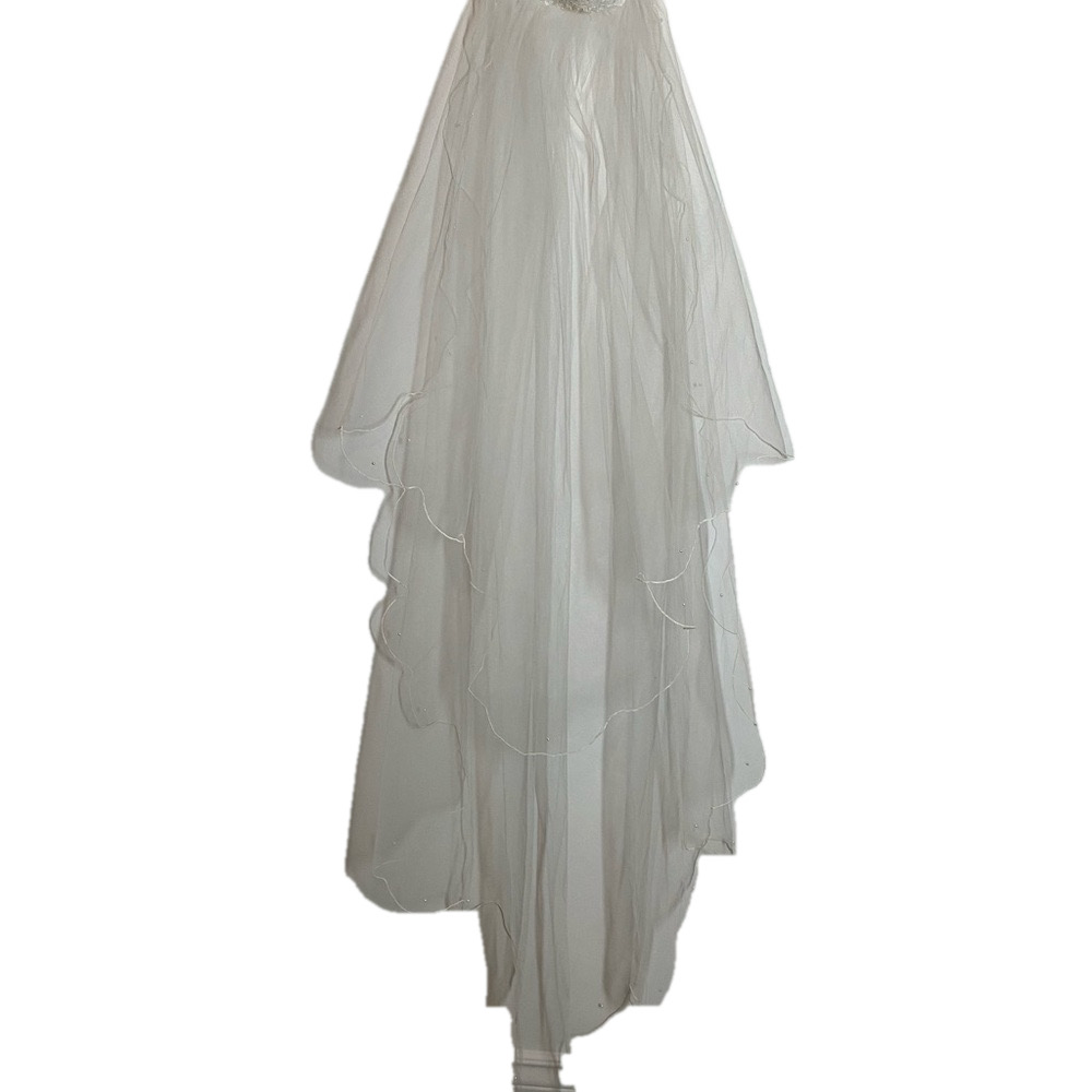 WEDDING VEIL WITH ATTACHED BEADED HEADPIECE TOP PIECE 35 1/2”. LONGER PIECE 56”